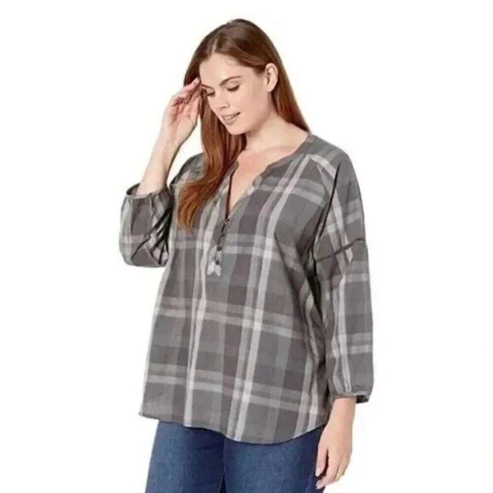 Prana ‘Elena’ Plaid Pullover Blouse Relaxed Fit Organic Cotton Grey Small